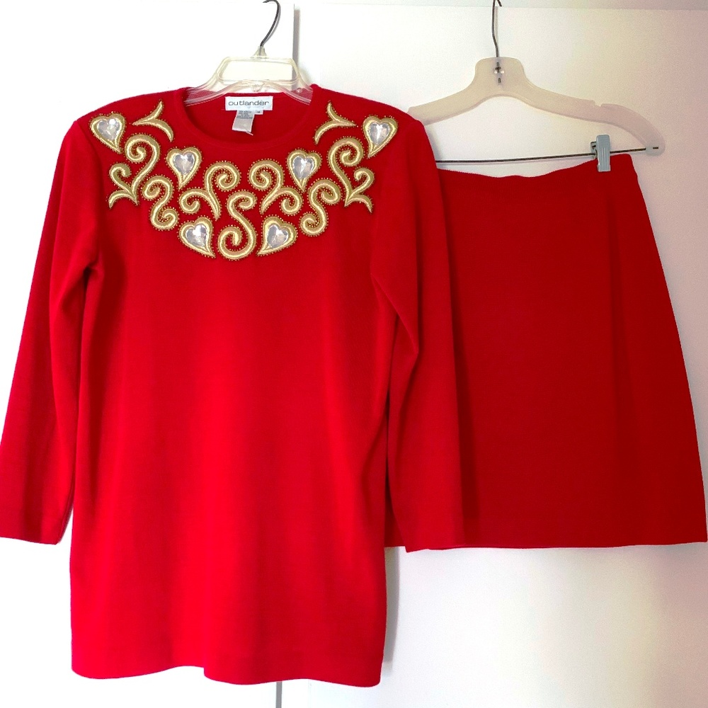 VTG 80s Holiday Festive 2-Pc Red Skirt & Sweater Set Gold Embellished Hearts Med